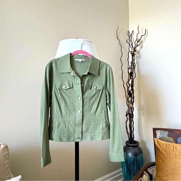 Olive Green khaki Jean Jacket Linen Blend Women’s Size Small Cleo - Picture 2 of 8